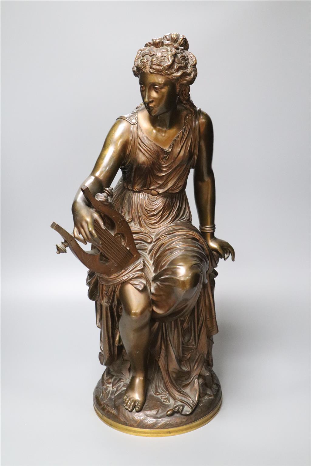 Jean-Louis Gregoire (1840-90) A large signed bronze of a female with a lyre, 53cm high